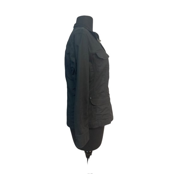 Chico’s Size 0 Small Metal Toggle Buckle Jacket Black Fitted Stretch - Picture 6 of 8